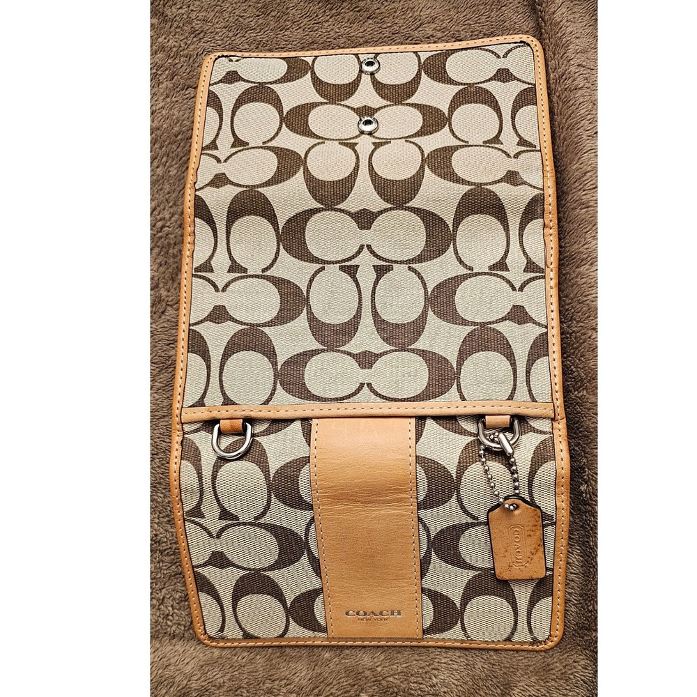 Coach Signature Canvas Trifold Wallet Crossbody Bag Khaki Brown Tan Leather - Picture 7 of 15
